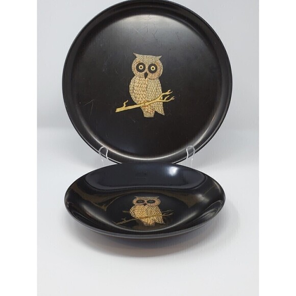VINTAGE COUROC OF MONTEREY LOT BLACK OWL INLAY PLATE BOWL 1970s - Picture 7 of 12